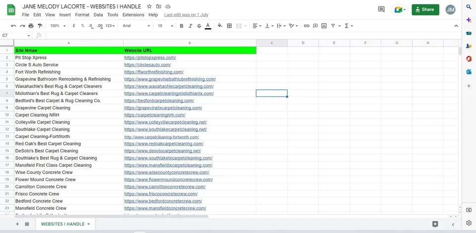 Spreadsheet titled “Jane Melody Lacorte – Websites I handle” listing site names and URLs