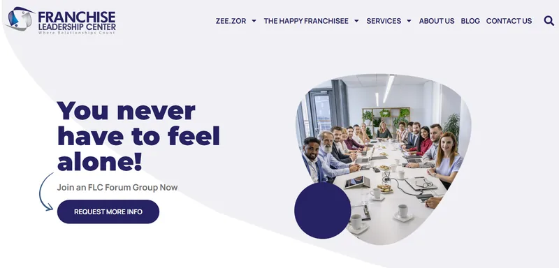 Franchise Leadership Center home page with the headline “You never have to feel alone!” and a Request more info button