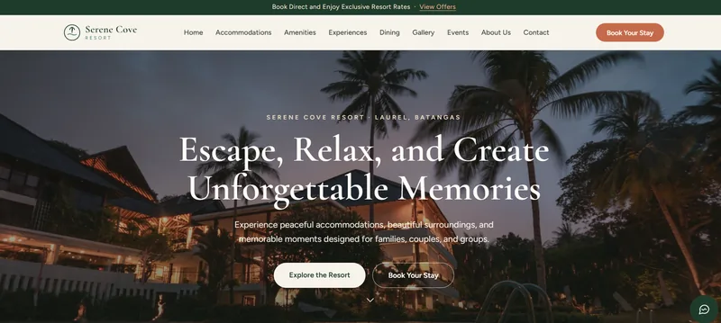 Serene Cove Resort home page: evening photo of the resort with the headline “Escape, Relax, and Create Unforgettable Memories”